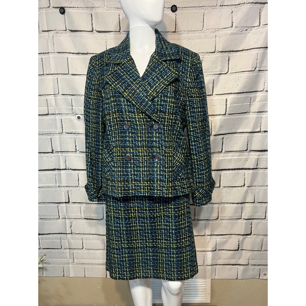 Norton McNaughton Petites Blue Yellow Tweed Skirt Suit Set 14P Double Breasted